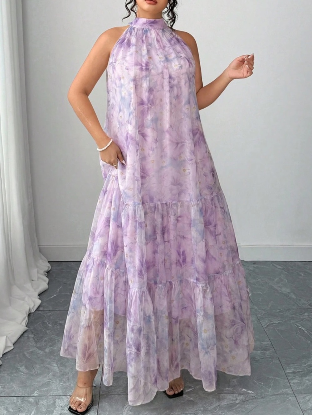 Lavender Floral Halter Maxi Dress